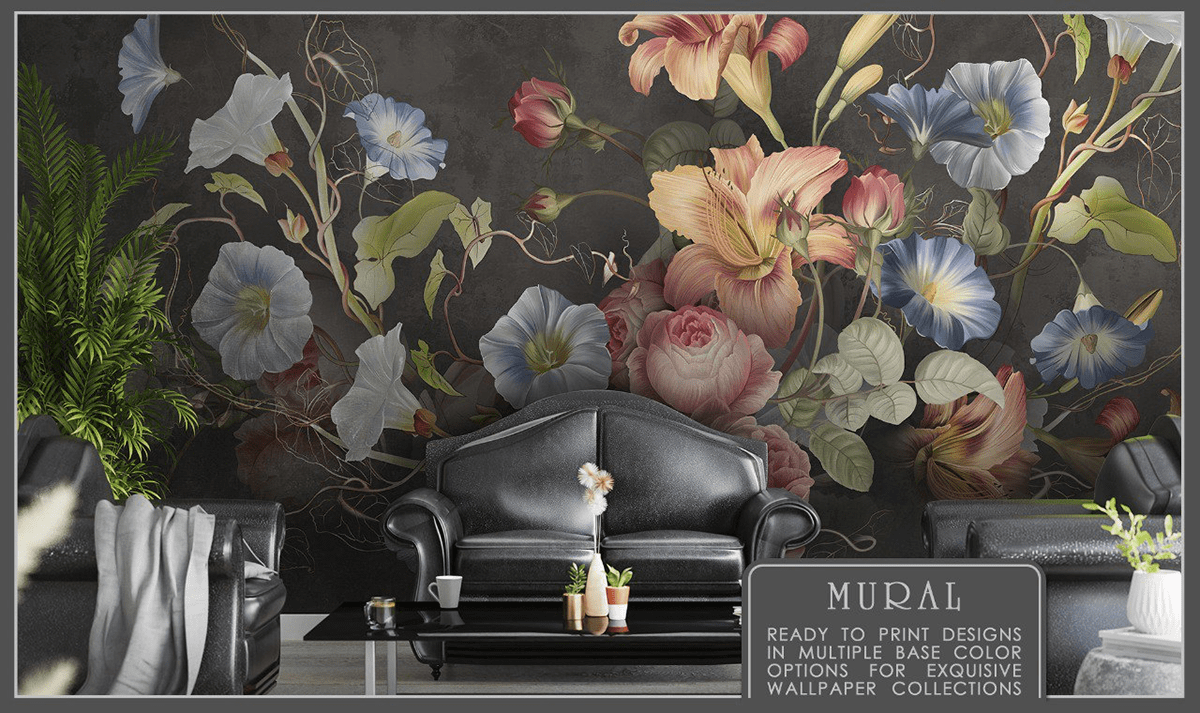design digital Drawing  floral Flowers ILLUSTRATION  Interior Mural photoshop print Procreate wallpaper