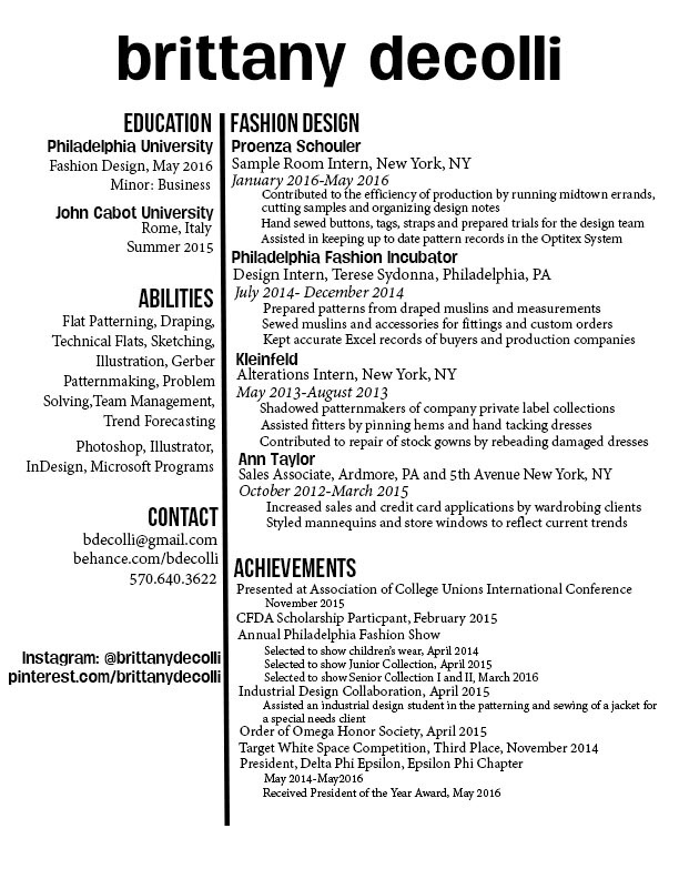 Resume fashion design pattern making Illustrator photoshop bridal designer Sportswear