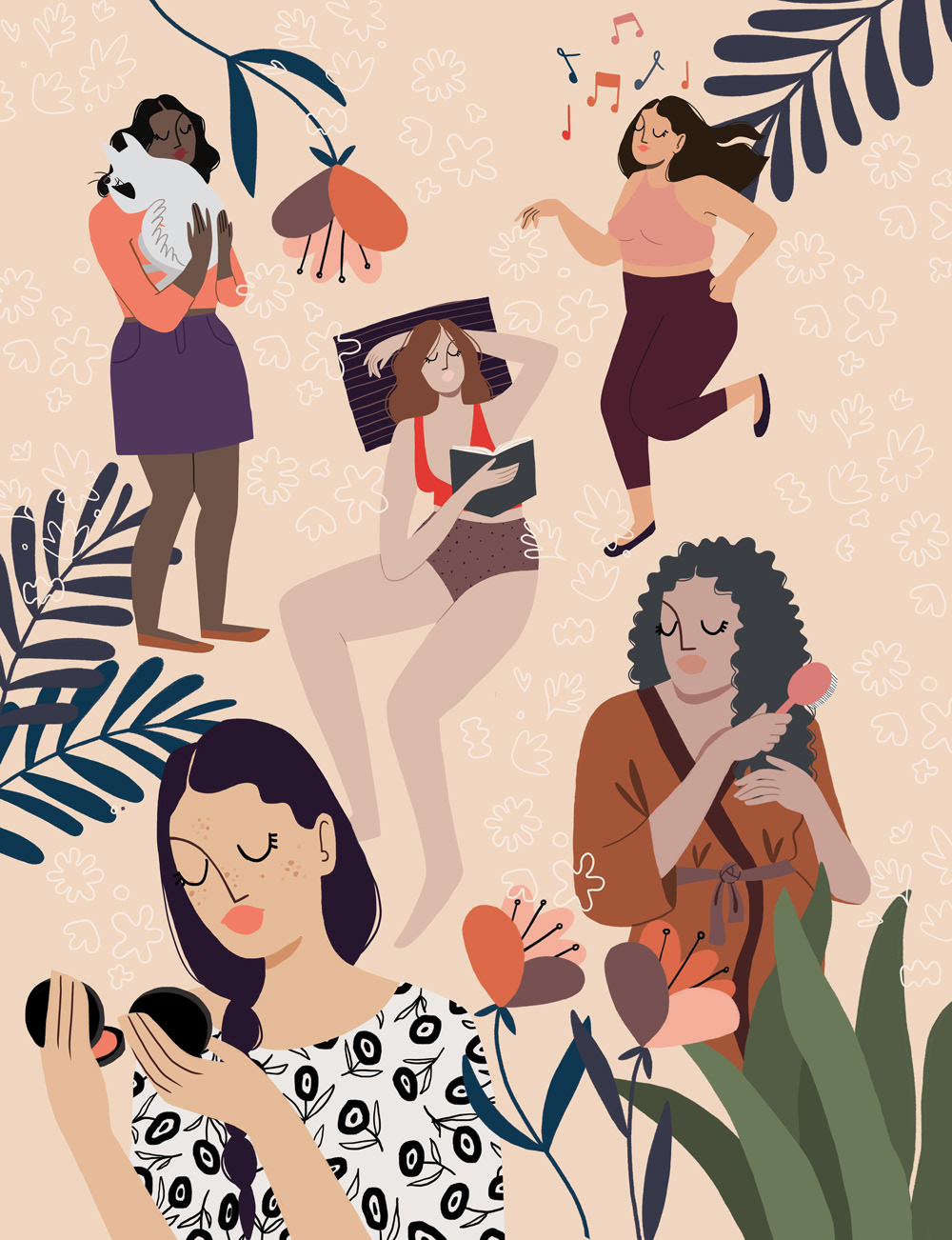 digital illustration women well being lifestyle self love woman Love wine running plants