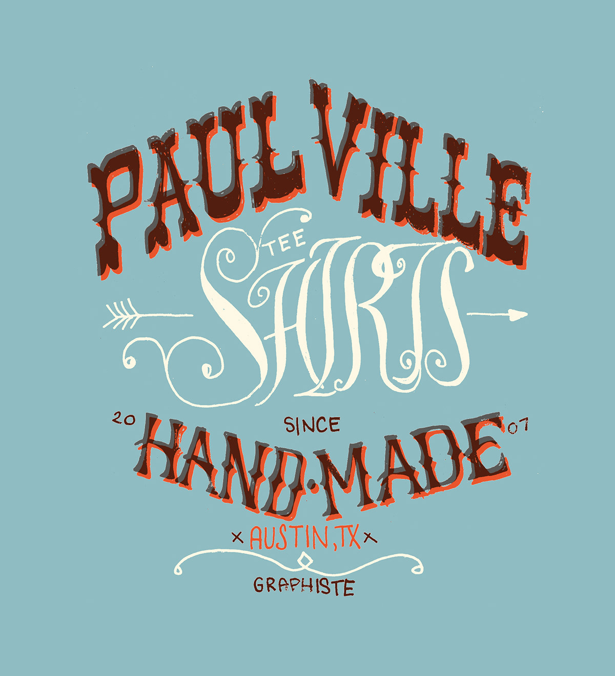 hand drawn Paulville tee shirt silk screen screen print