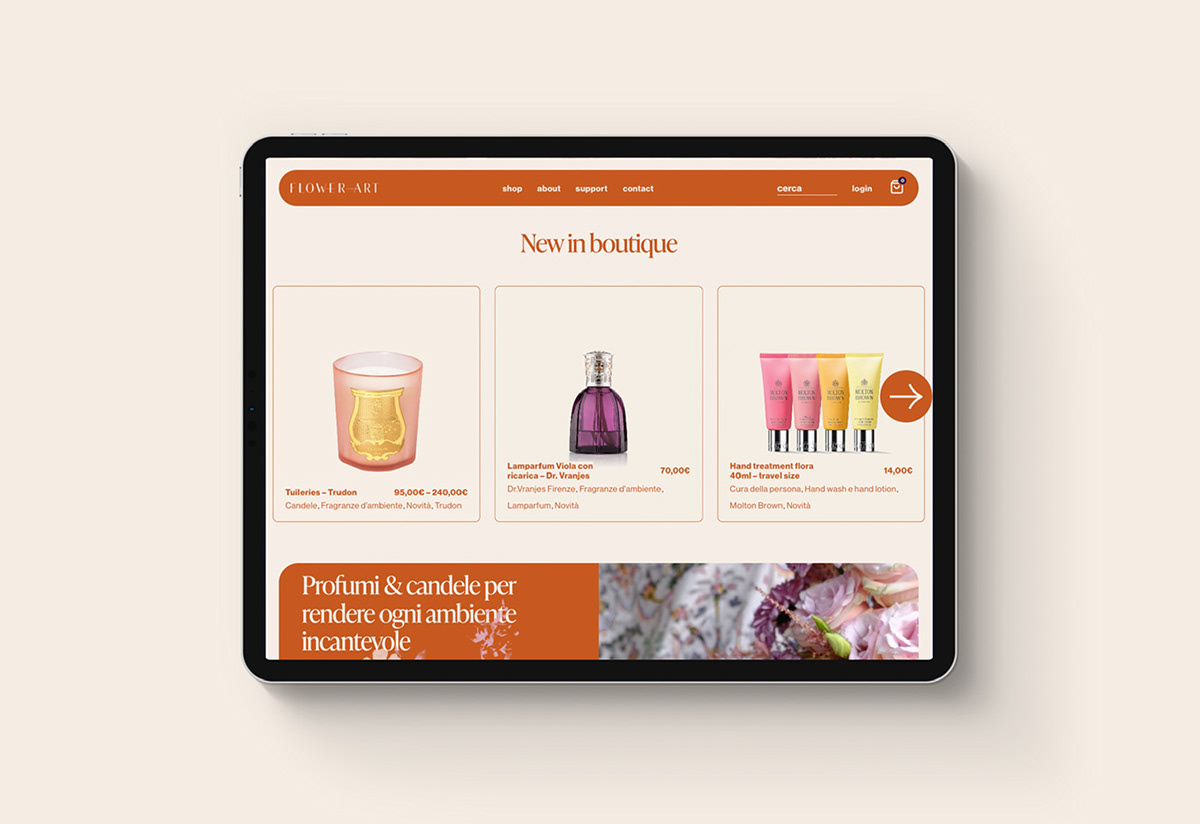 Homepage e-commerce, slider products, flower shop