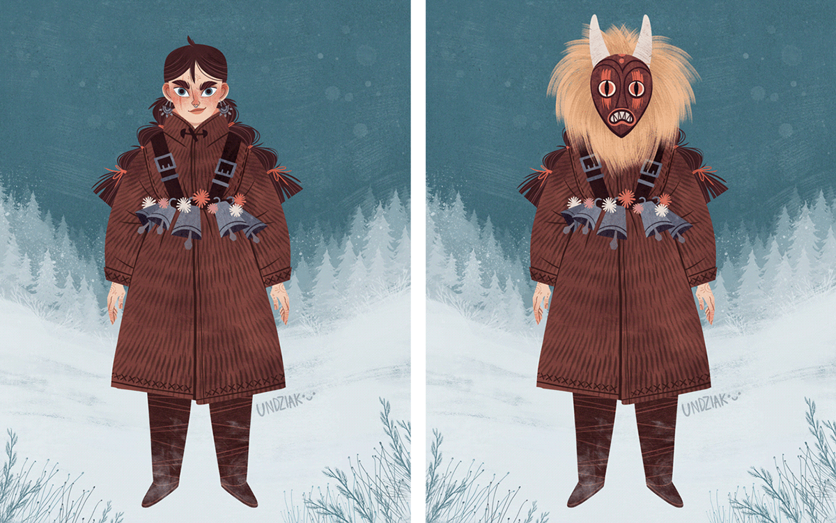 Character design  folk girl hunter Kukeri Slavic warrior concept ILLUSTRATION 