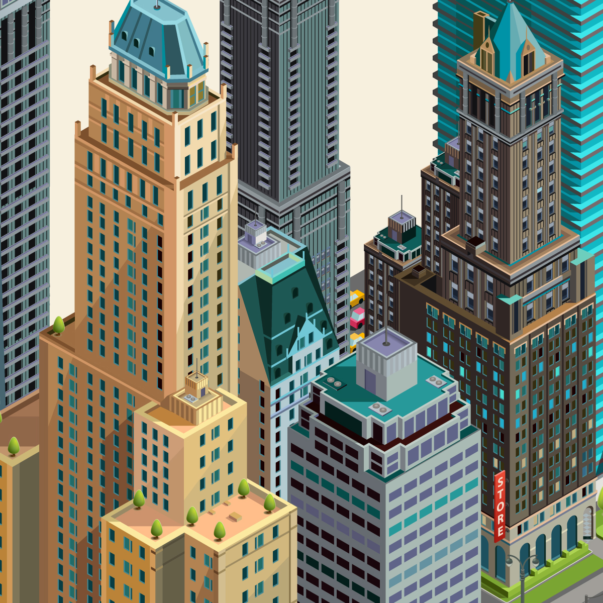 3d architecture avenue built business cars center city construction corporation district downtown element estate garden icon illustration isolated isometric landmarks mall map modern outdoor park people plan plant real scheme set shop skyscraper street subway supermarket taxi town tree urban vector isometric city isometric map