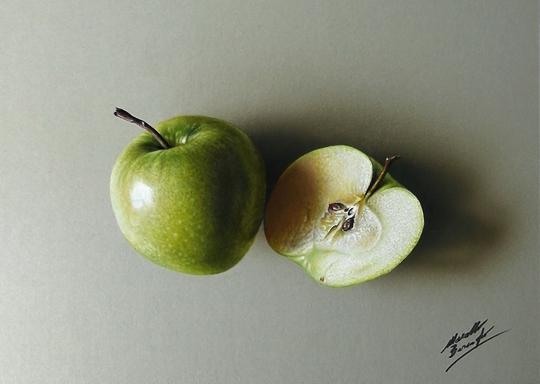 apple hyperrealism marcello barenghi hyper realism still life green rendering how to render drawing video