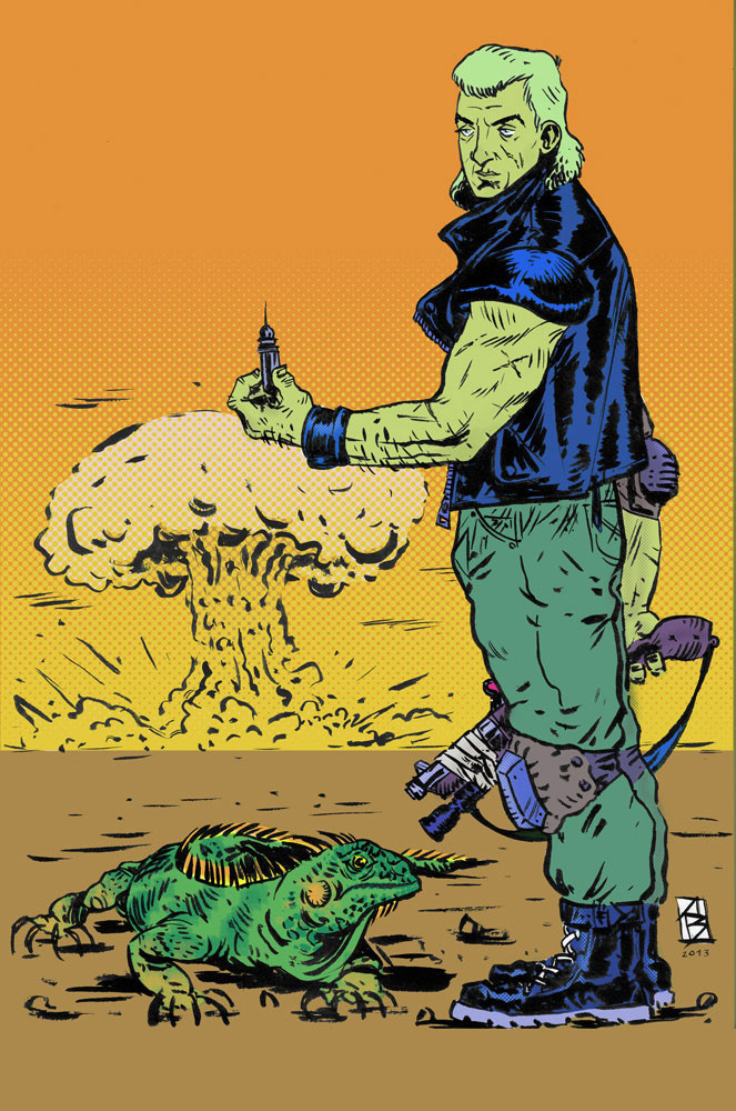 apocalypse future fantastic cartoon comic iguana explosion brush ink