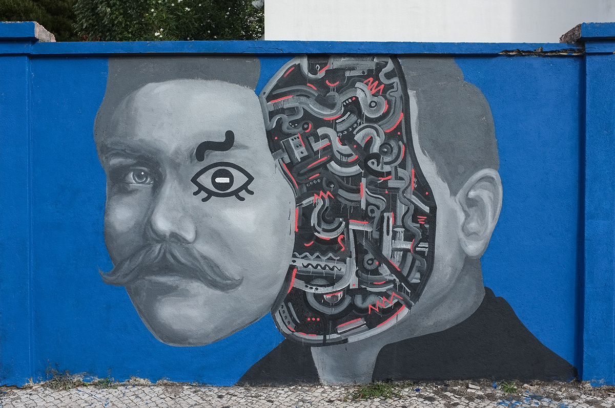 Mural wall portrait face sliced lisboa eyes blue wall david leitner carolina freitas Travel