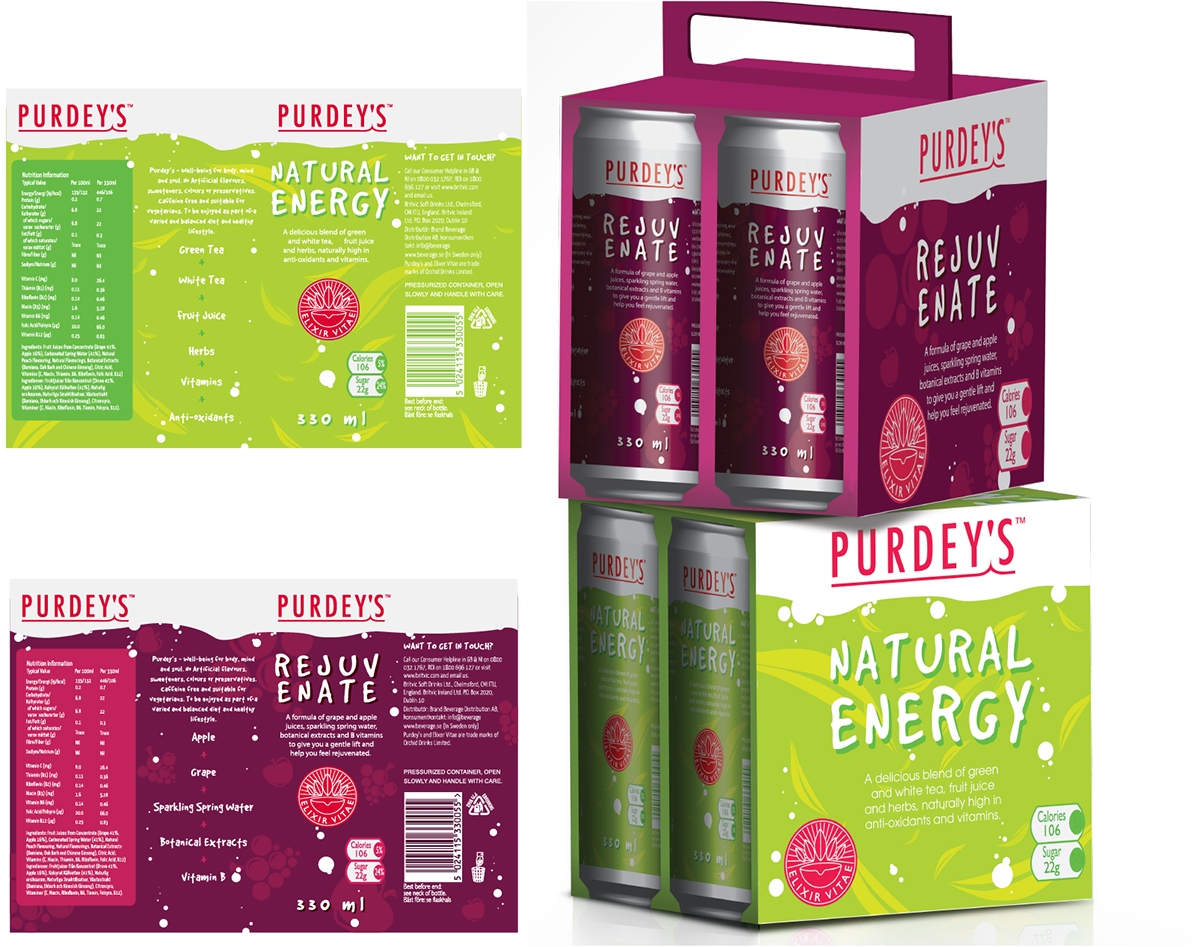Adobe Portfolio purdeys Purdey's drink cans bottle packages package dandad D&AD purple green carbonated carbonation