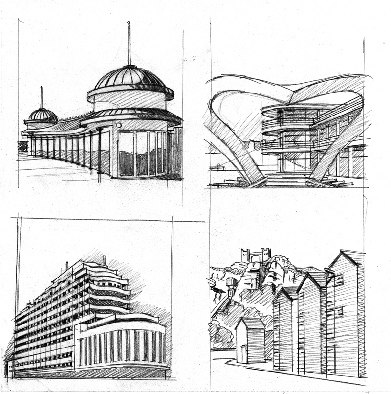Pencil sketches of Hastings and Bexhill