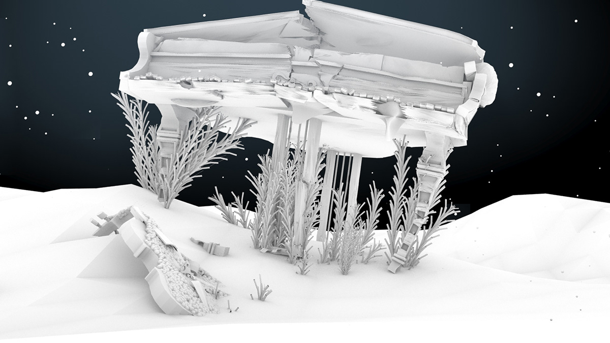 3D modeling 3ds max Zbrush particles titanic underwater Piano Violin broken instruments sand sea Ocean water