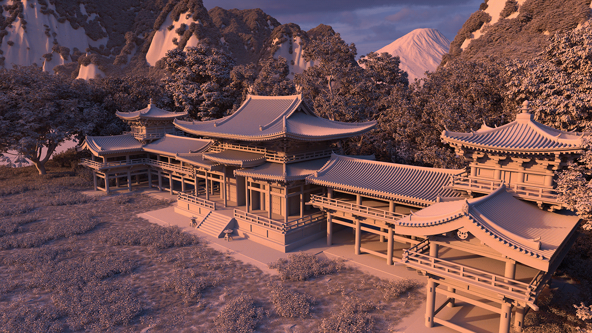 byodo in japan temple architecture mountain samurai Digital Art  concept art CGI 3D