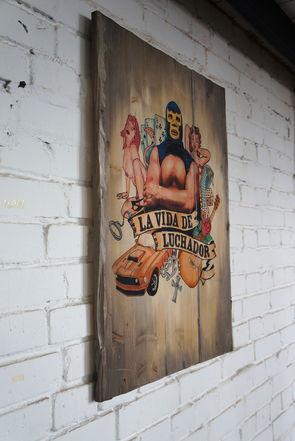 wood woodwork Aged wood acrylic hand made tranfer mixed media collage rock lucha libre craft decor vintage old school