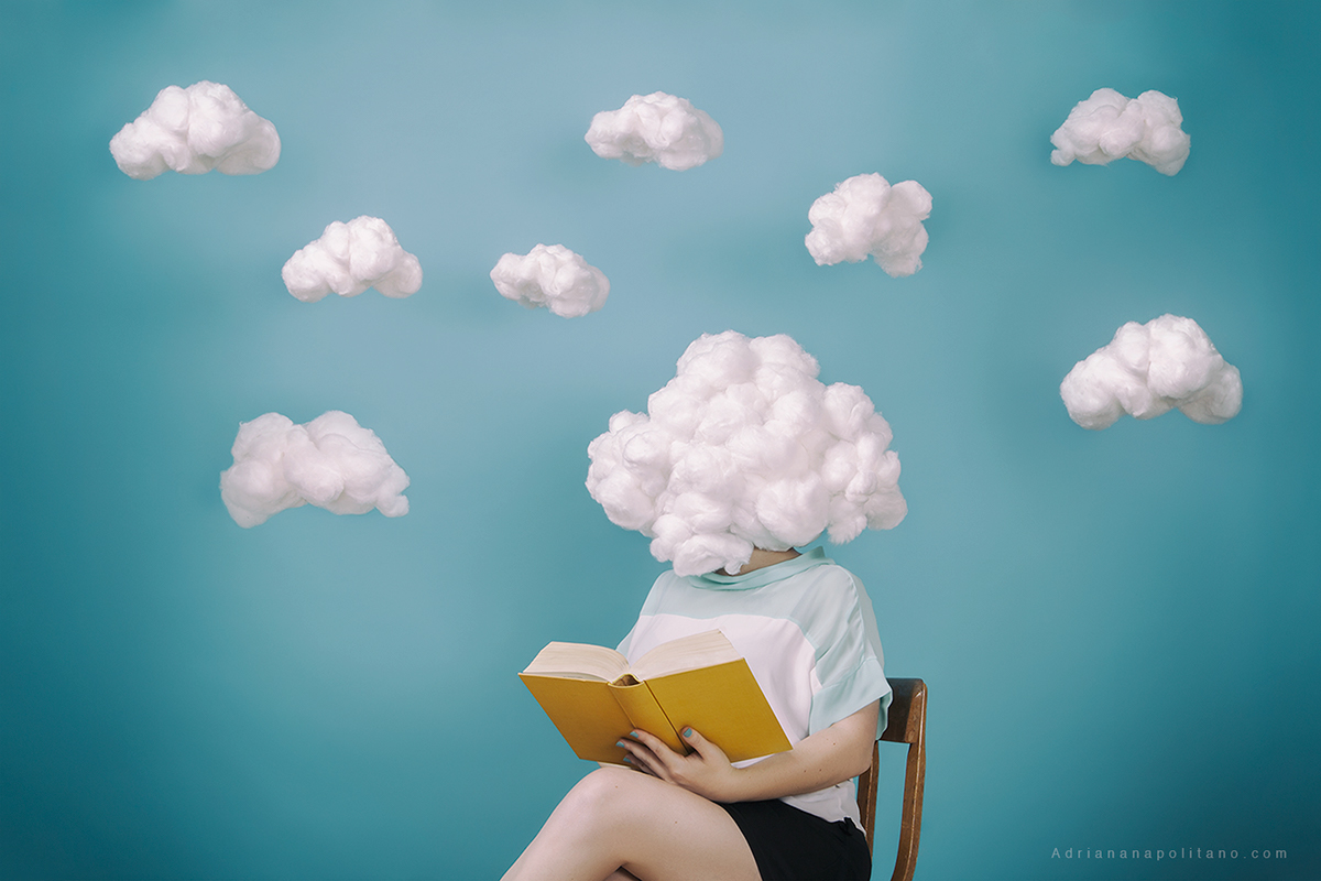 clouds head books woolgathering Daydream self portrait cyan cotton
