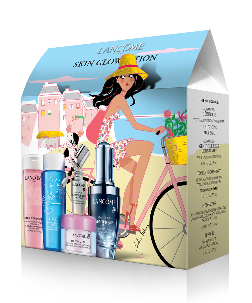 Illustration for Lancôme new beauty sets packaging : a woman on a bike in France