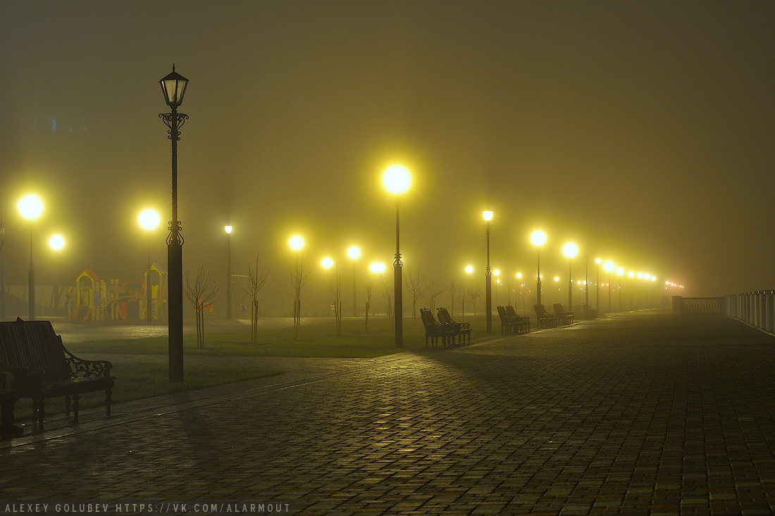 fog night city river mist winter