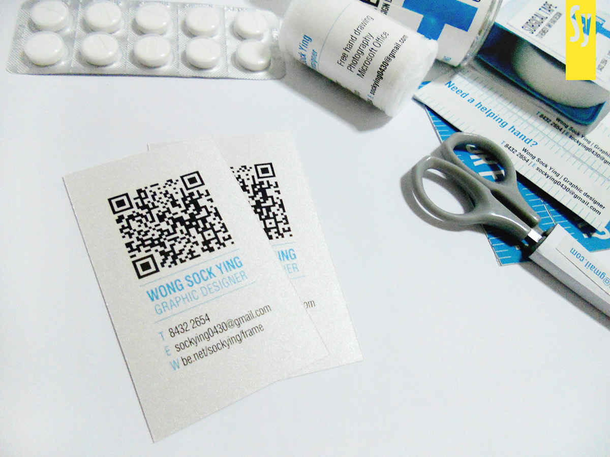 Self Promotion first aid kit metaphor Packaging medicine medical doctor help is on the way interview CV Resume paper box blue wong sock ying sockying two colours QR codes Self Promo Promotion Red Cross blue cross personal identity namecard clinic hospital cure