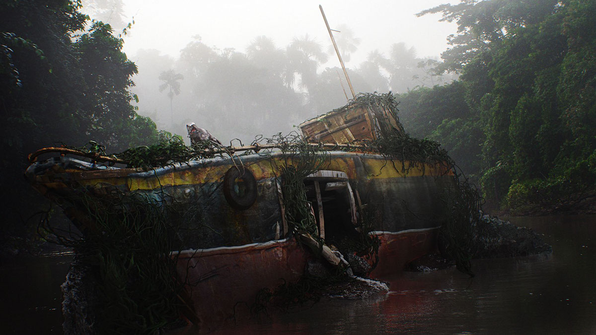 3D ruin Ancient boat foliage monster abandonned