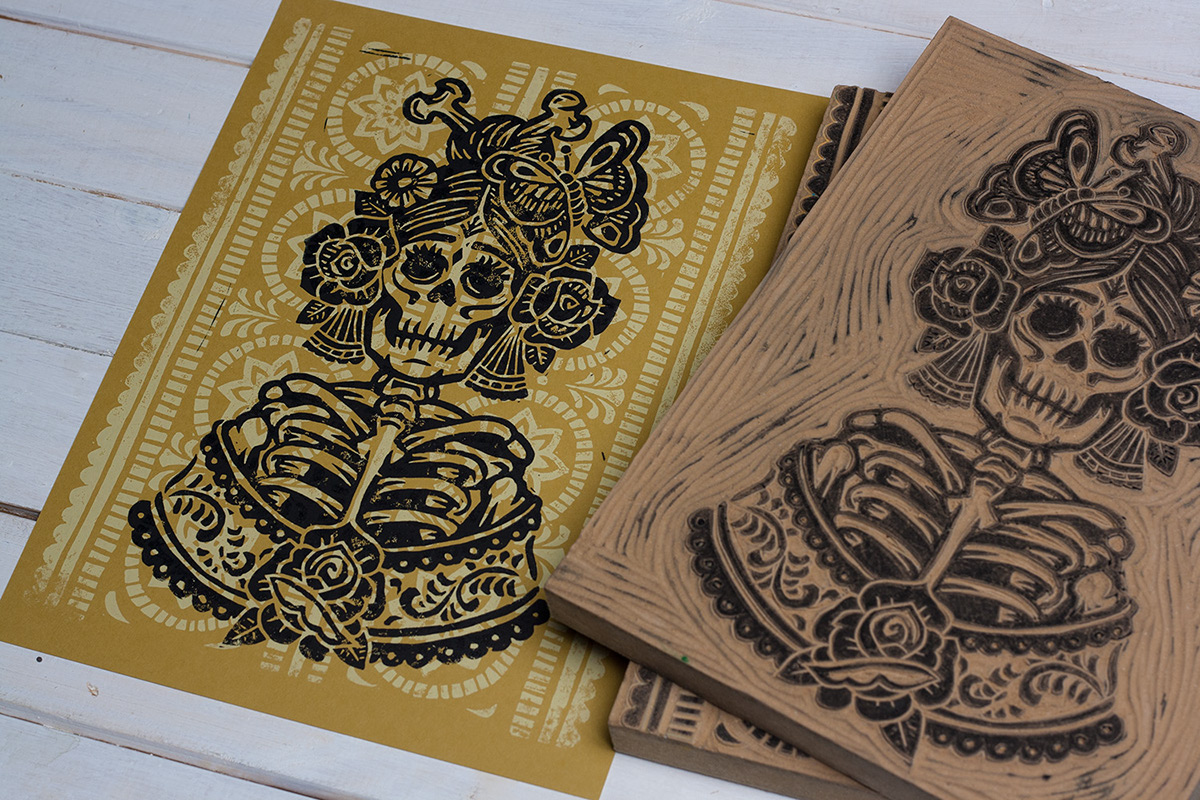 catrina Linoprint linocut block print skeleton skull print pattern americana