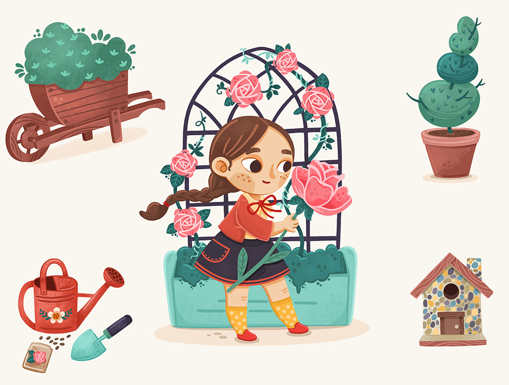 bird Birdhouse cute gardener gardening girl rose strawberry wateringcan wheelbarrow