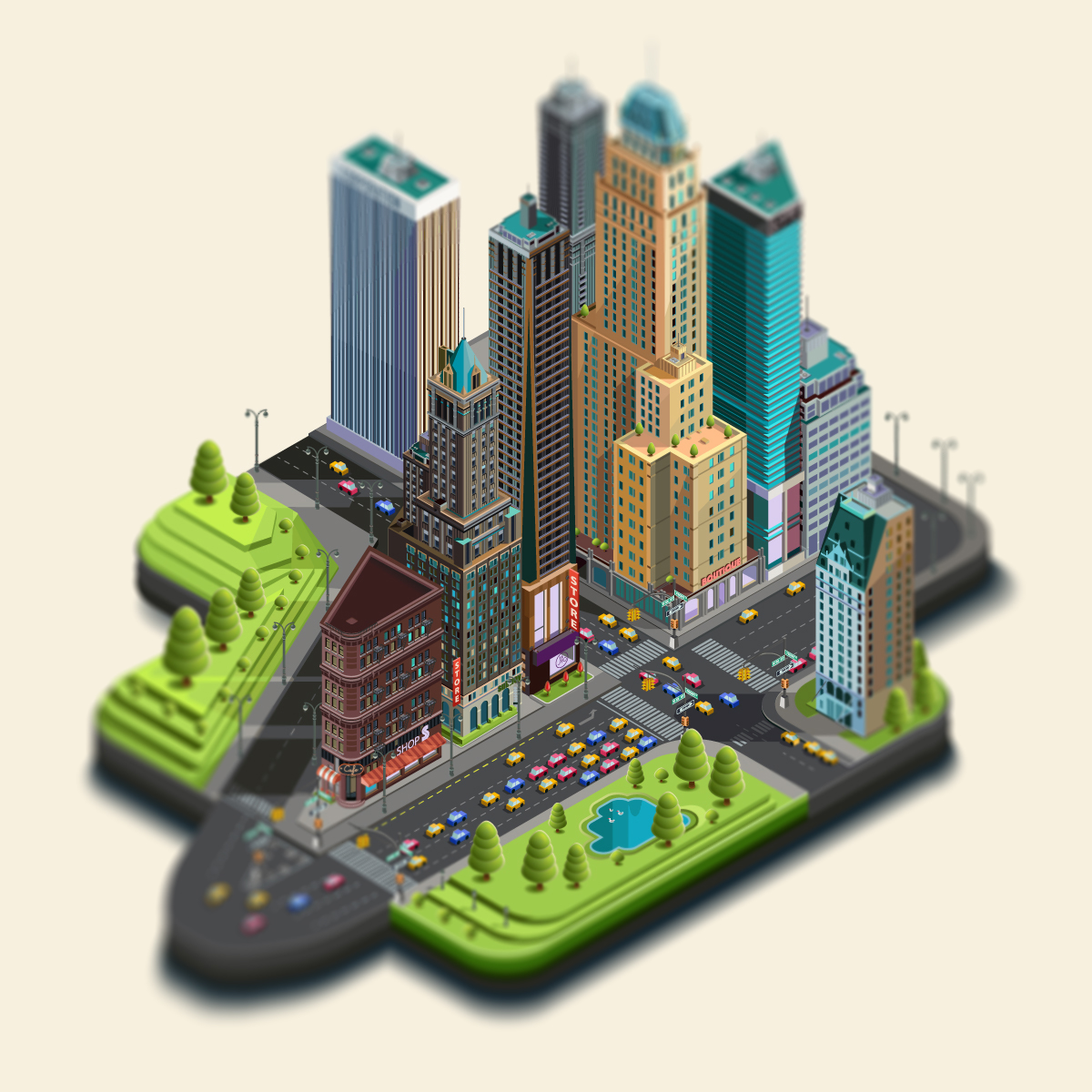 3d architecture avenue built business cars center city construction corporation district downtown element estate garden icon illustration isolated isometric landmarks mall map modern outdoor park people plan plant real scheme set shop skyscraper street subway supermarket taxi town tree urban vector isometric city isometric map
