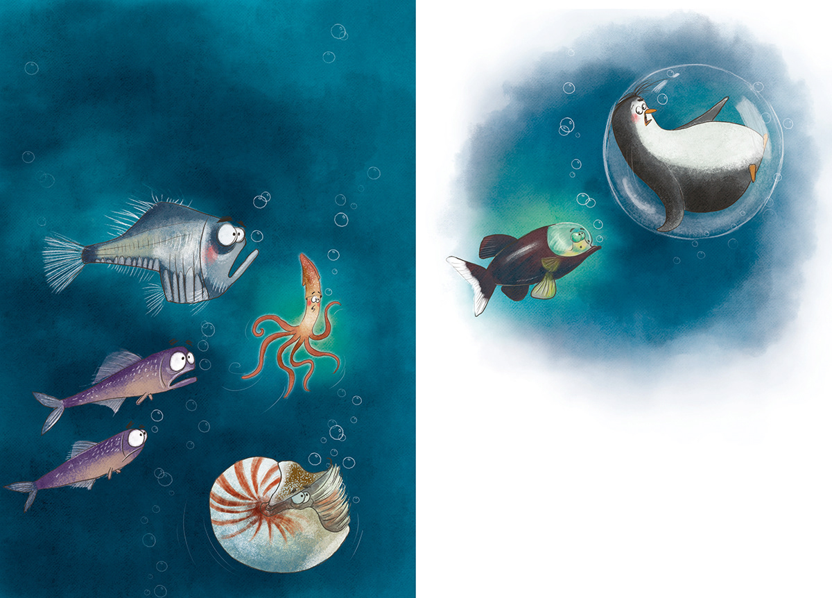 animals cartoon Character design  children's book Digital Art  Drawing  octopus penguin underthesea Whale