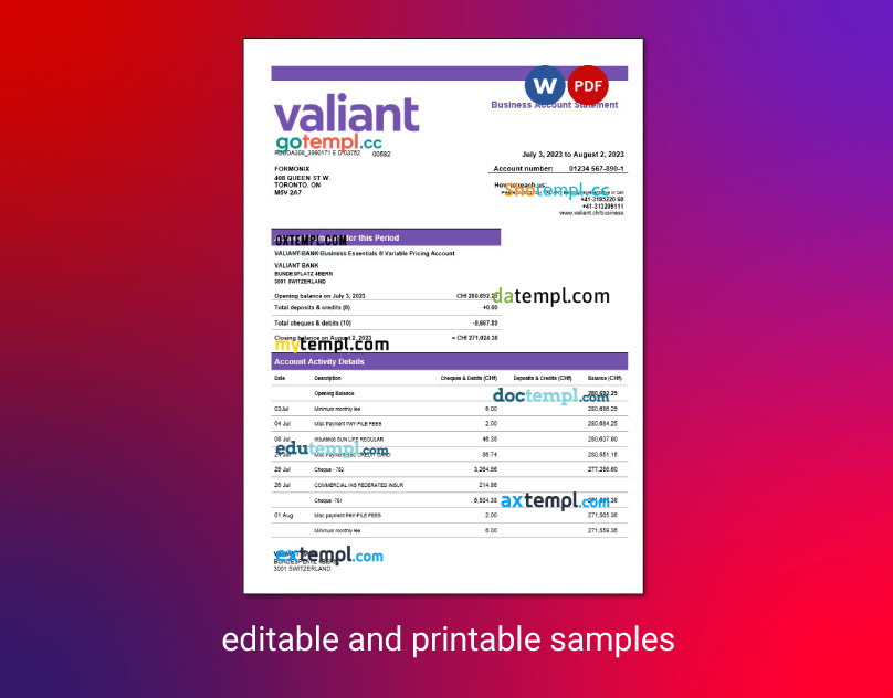 Account Statement template example sample samples edit Valiant bank