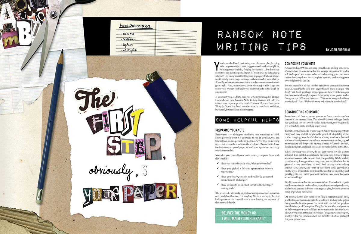 ransom note cutandpaste collage photos 2PageSpread magazinespread Layout layoutdesign typesetting Garamond