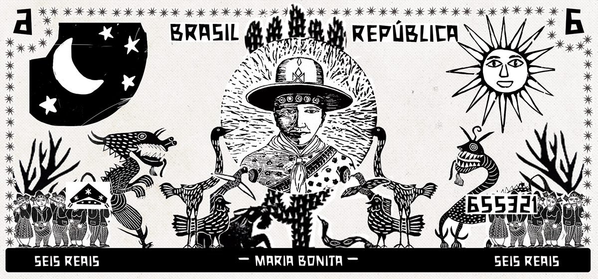 cédulas  Cédulas Brasileiras Lampião Maria Bonita Cordel xilogravura colagem