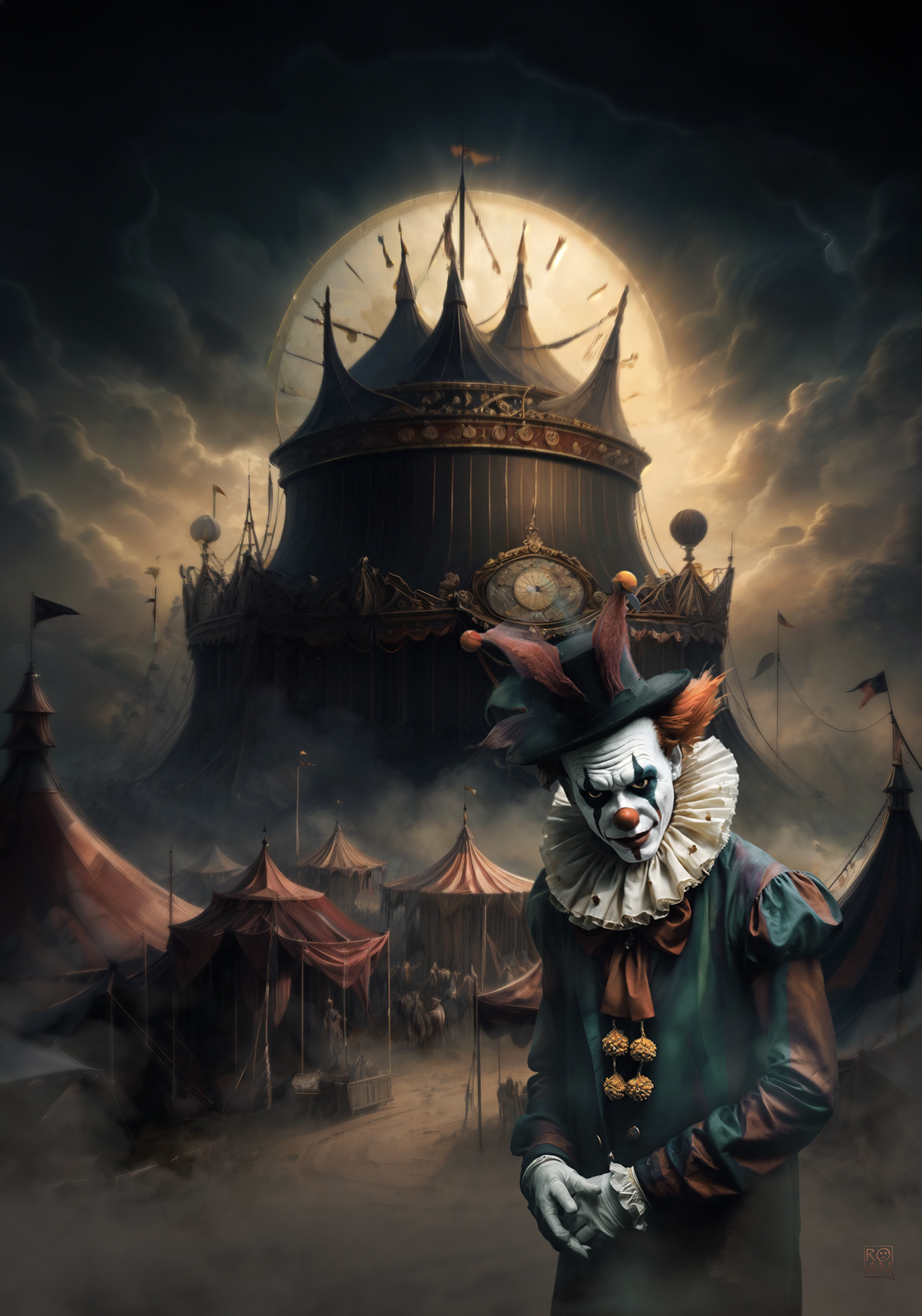 Circus clown horror Digital Art  clock time Carnaval