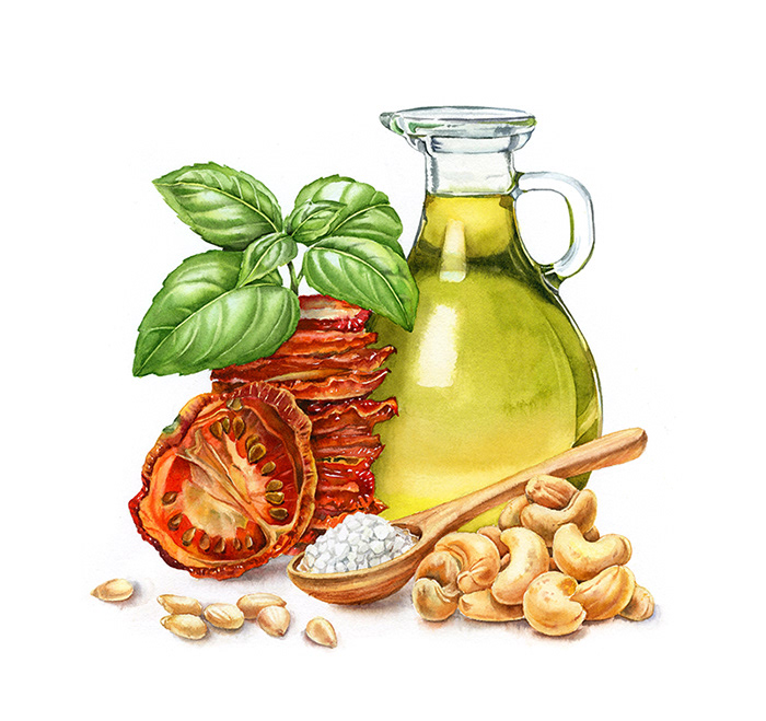 Food  Basil Tomato Label recipe ingredients nuts aquarelle oil sketch