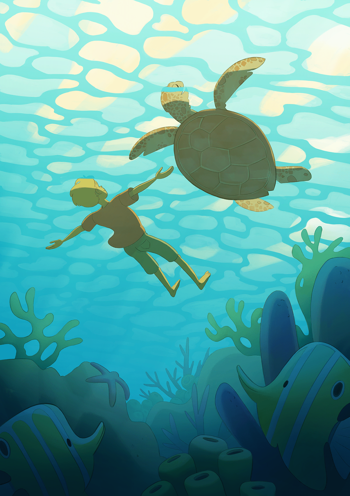 child children illustration dream fish floating illustrazione sea swim Turtle under the sea