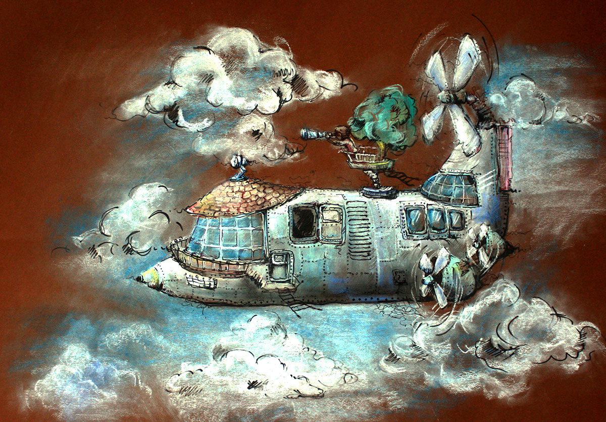 air castle painting   Dreaming characters traveling fairy-tale characters children's fairy tale cartoon ILLUSTRATION  fairy tale