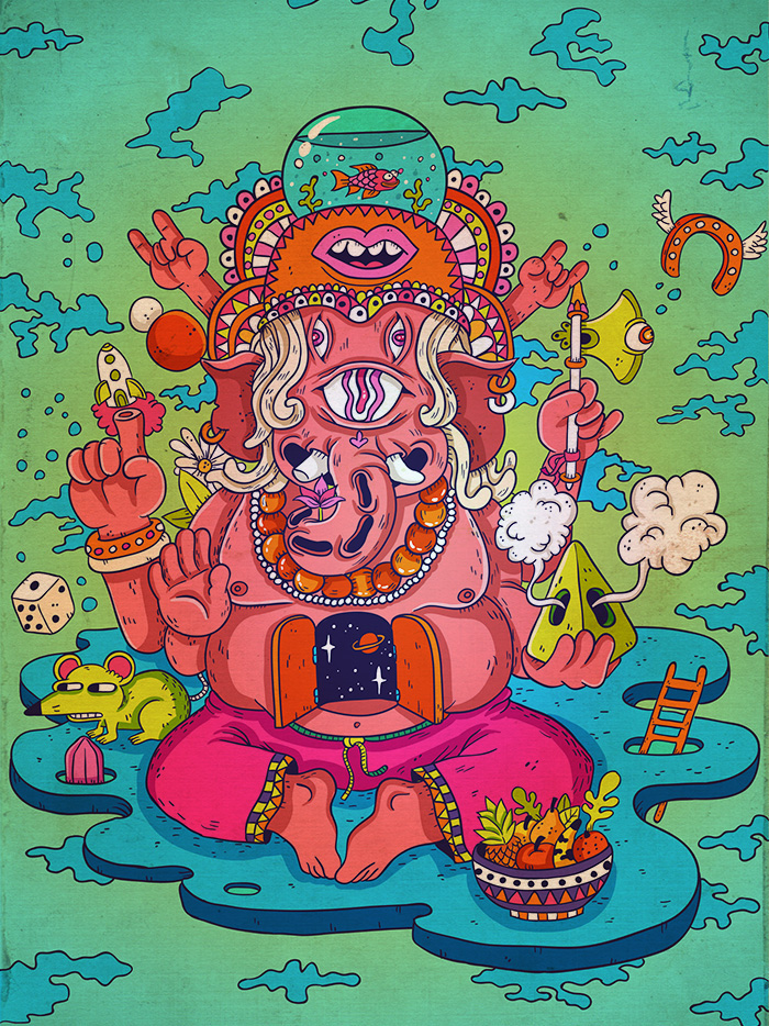 keuj vector Hindu India God Ganesh shiva brahma kali artwork jacques bardoux trippy psychedelic surrealism colors