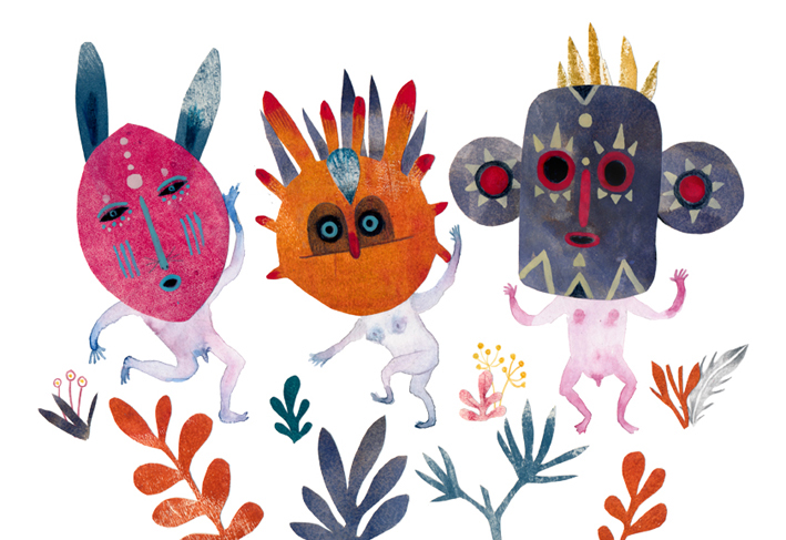 Wild Kids Exhibition  characters collage watercolors wild masks dancing Flora