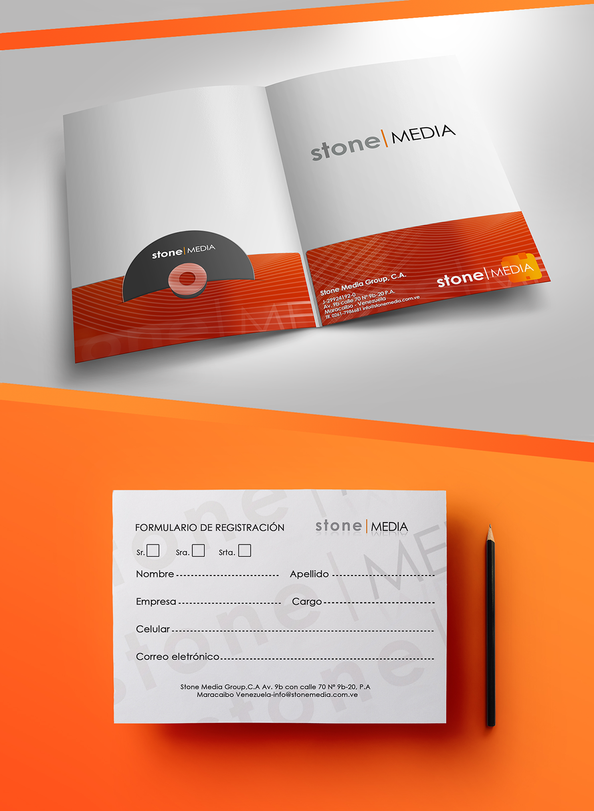 identity letterhead stone media folder business card Stationery stamp CRM Form orange marketing  