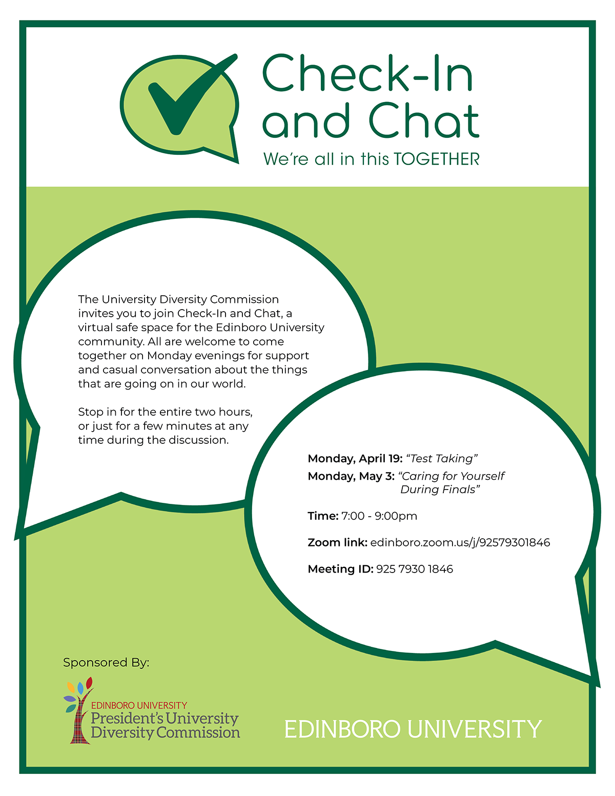 calming Chat Chat Bubble check mark check-in Edinboro University flyer green logo together