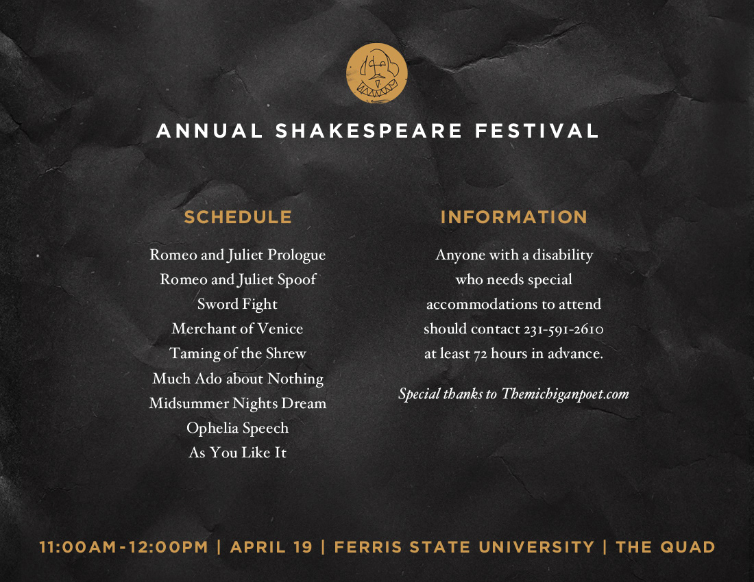 shakespeare play texture letter letters william hamlet all the worlds a stage all world Stage black White black and white Ferris University bookmark poster postcard Event Branding Event
