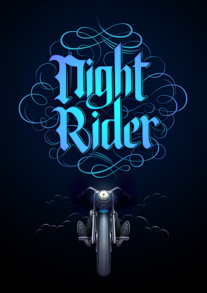 black letter gothic Script hand drawn Bike motorbike Harley Davidson harley ride night blue gradient poster