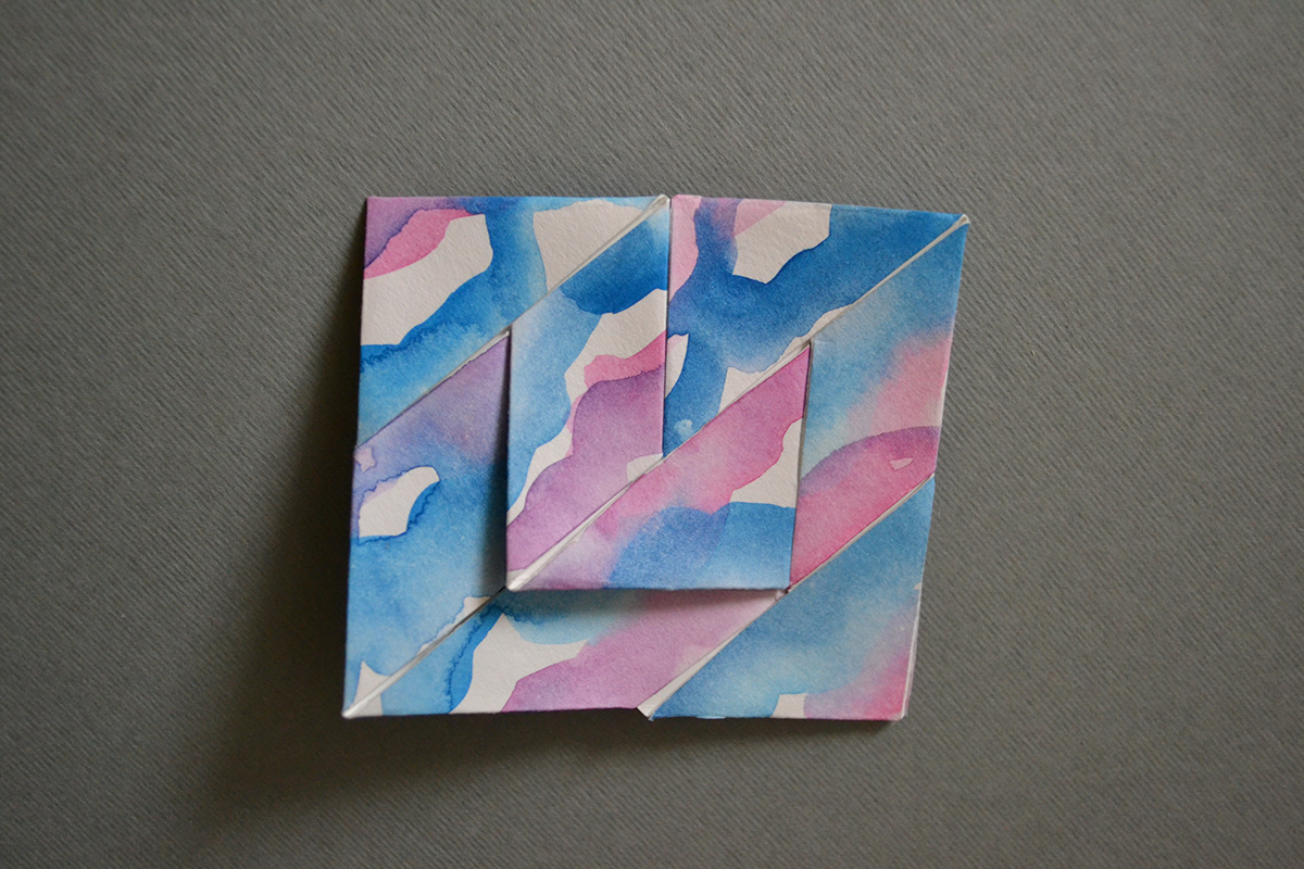 aquarell paper Hand Painted folded origami  ribbon blue pink purple