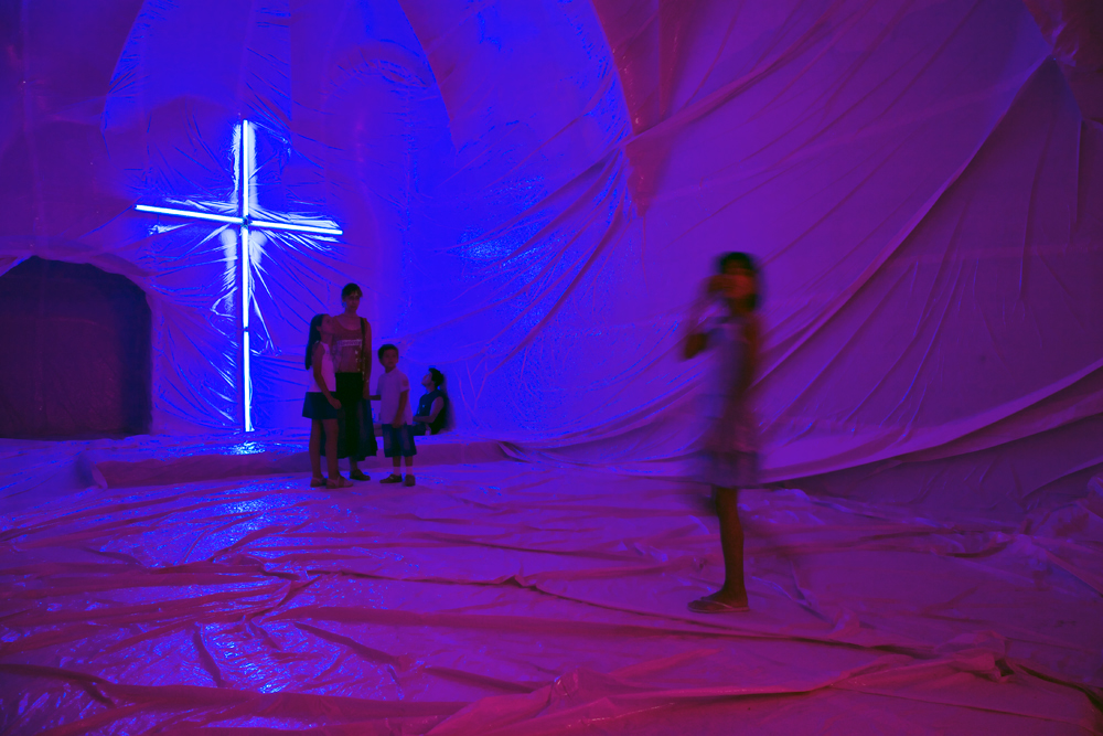 penique CAPELLA chapel inflatable air plastic colour blue pink church cross light Art Installation penique productions