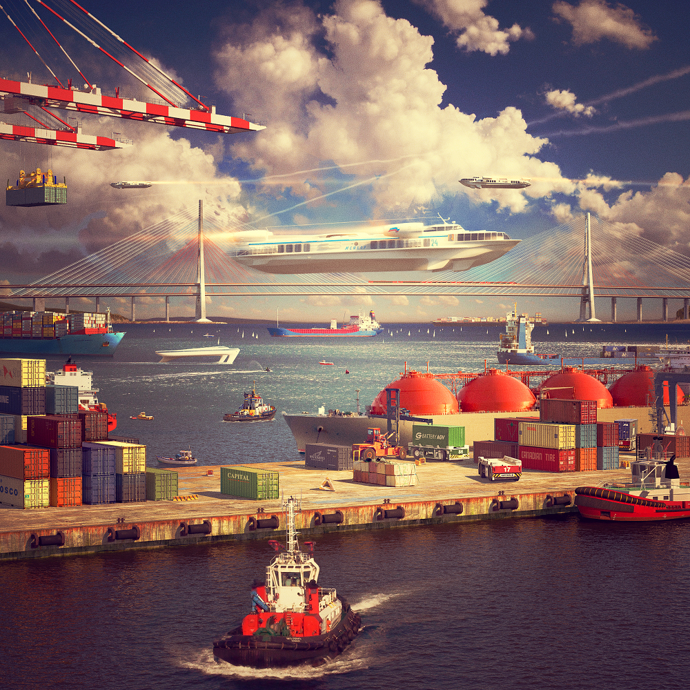 port ship container sea bridge clouds