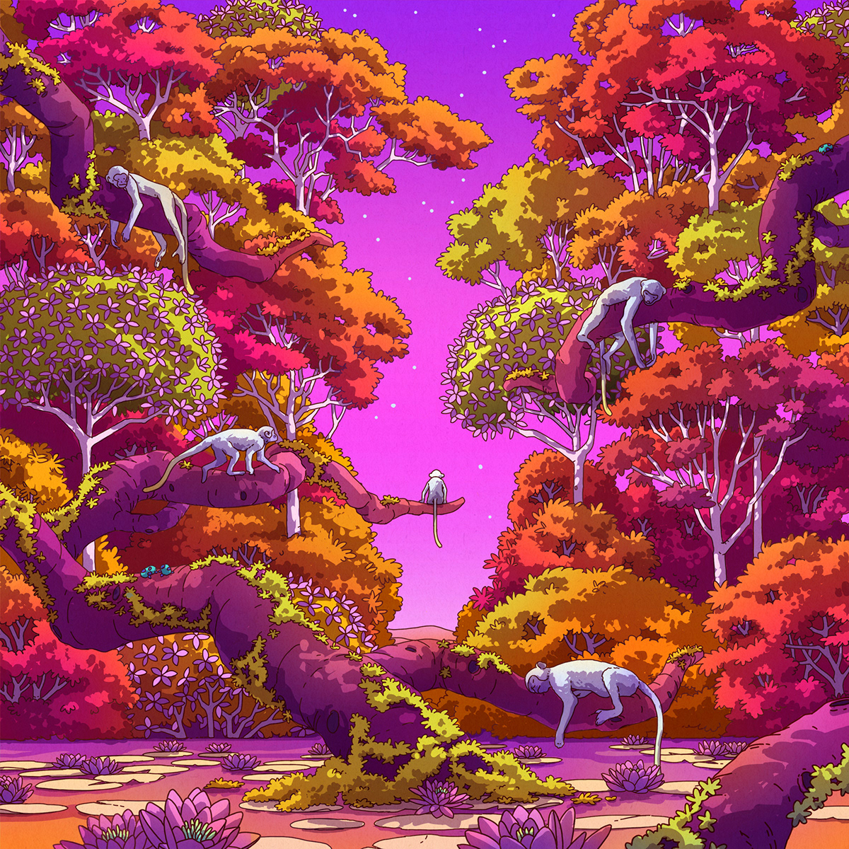album art Digital Art  ILLUSTRATION  Landscape Lotus magical forest monkey music pink wonderland