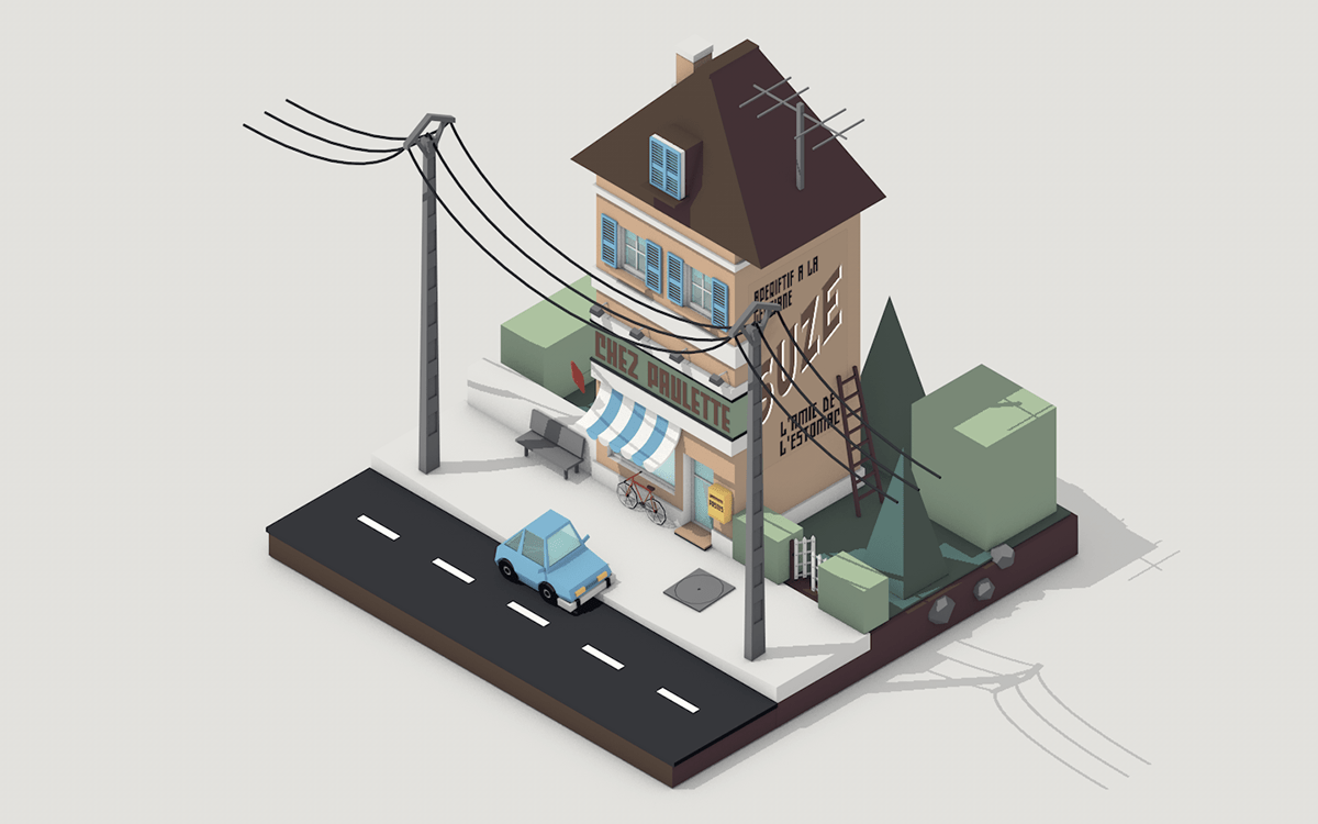lowpoly 3D building house cafe Isometric