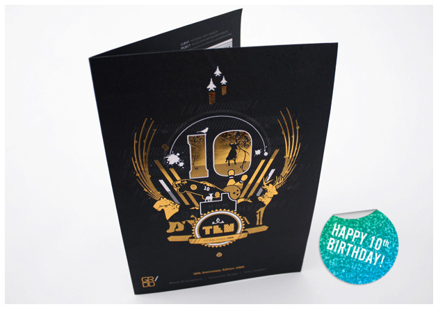 my poor brain TIM smith Birthday card ten newsletter black gold foil block print editorial design family crest logo celebration shield