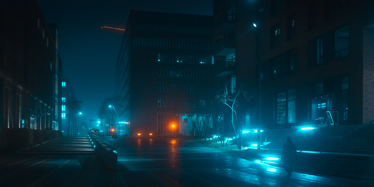 city cityscapes Cyberpunk hamburg Moody night Photography  sci-fi Street Urban