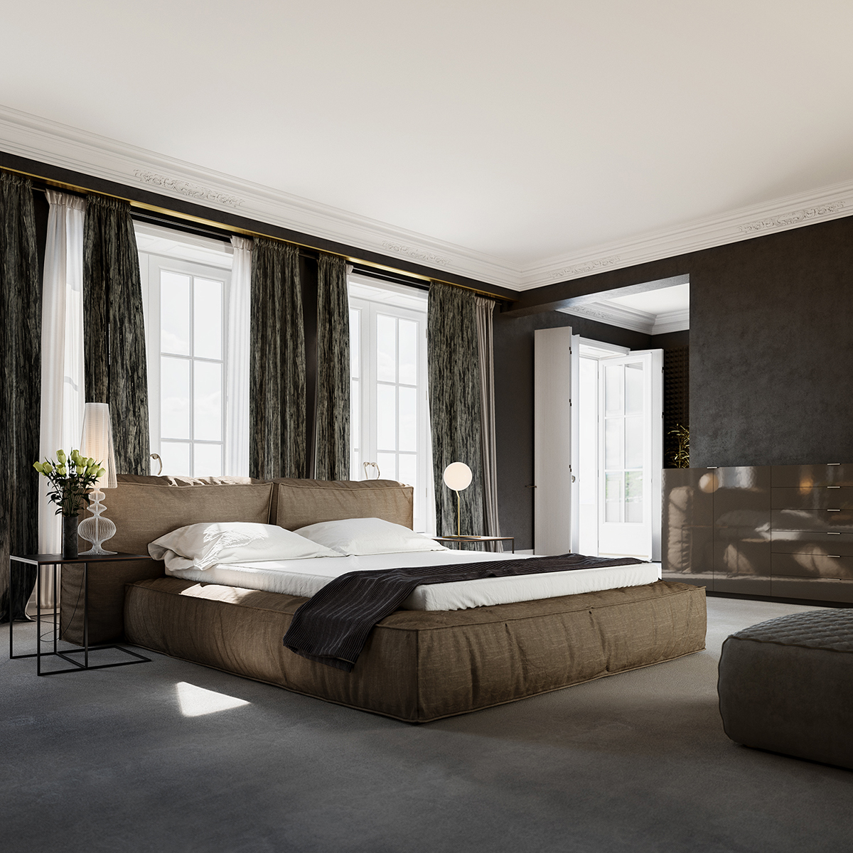 cote d'azur bedroom Interior bed linen bright vray Vizualization Render design Master house furniture modern eclectic
