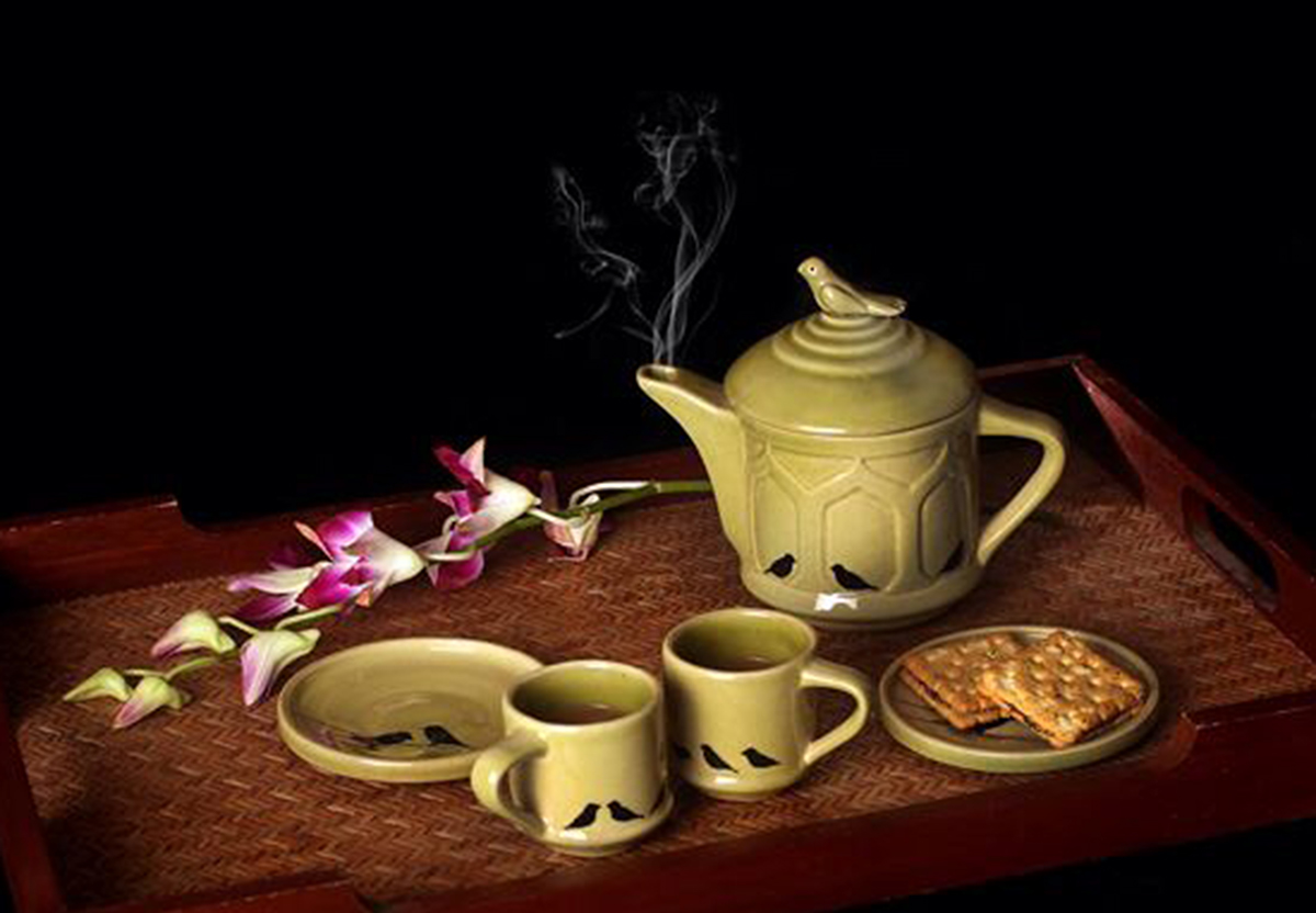 souvenir small cups small kettle TEA SET two cup set kettle birds ceramics  stoneware tableware decore utility tea chai
