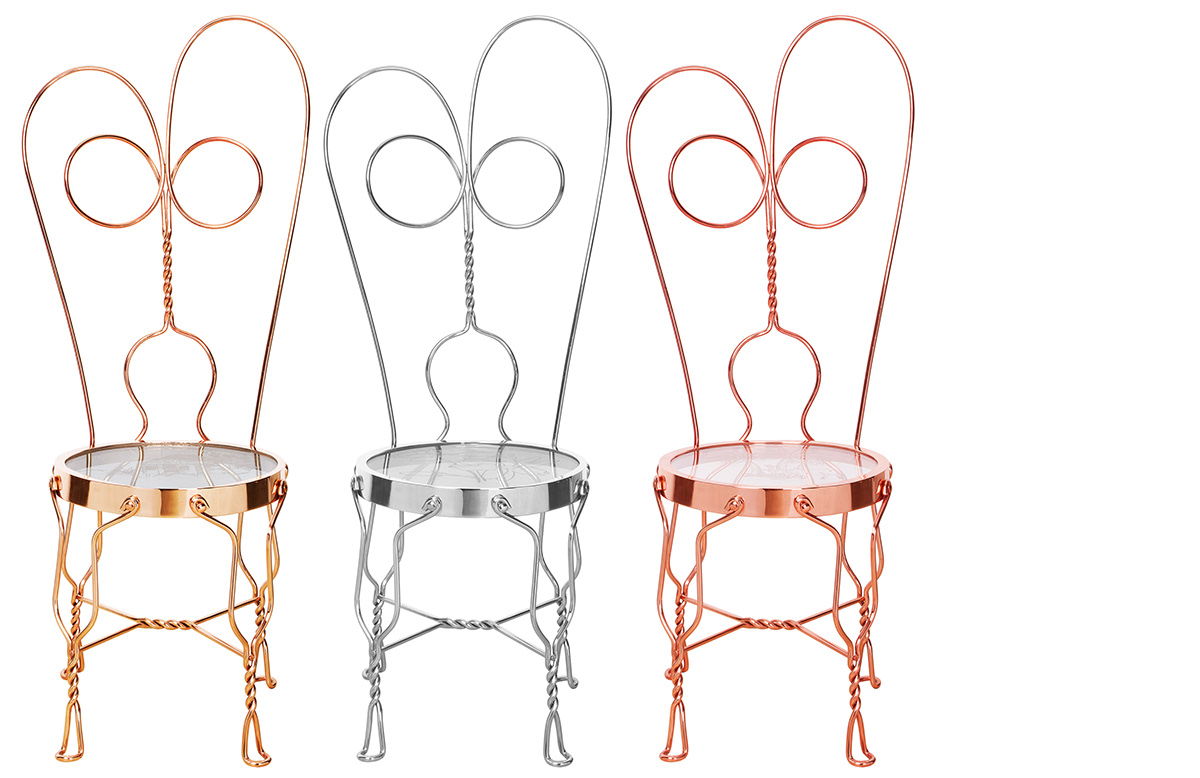 Batibot Chair' copper metal acrylic details bending accent chair Katha Award award winning brass chrome comfort