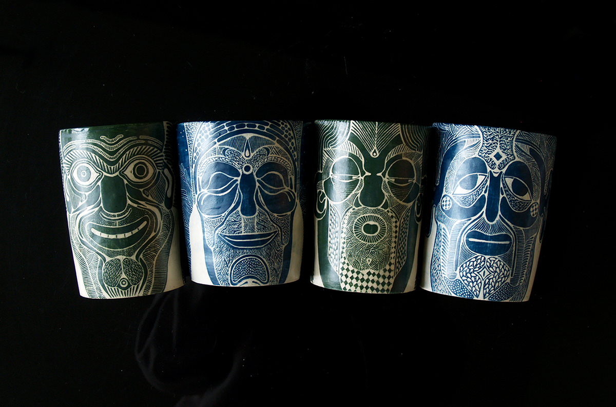 tiki mugs faces emotions hand built sgraffito Drawing  colours cups tea masks