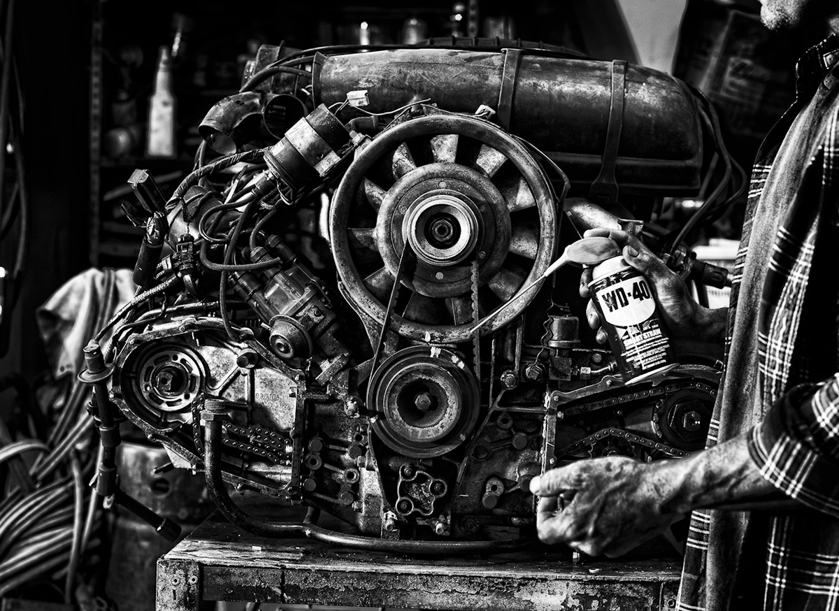 mechanics garage dirty gritty black and white