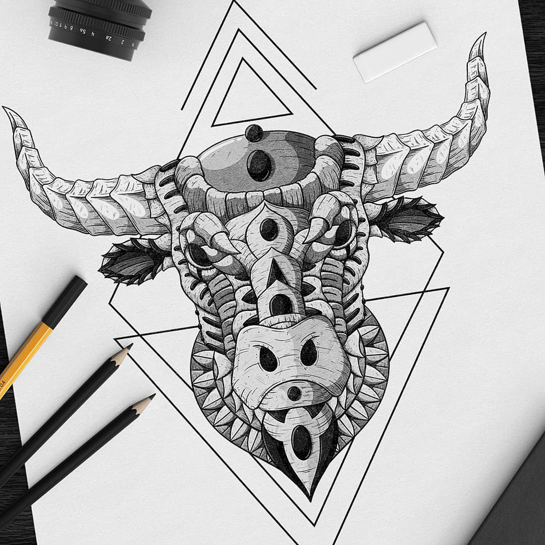 taurus zodiac bull horns tattoo Mandala zentangle doodles sketch ornate